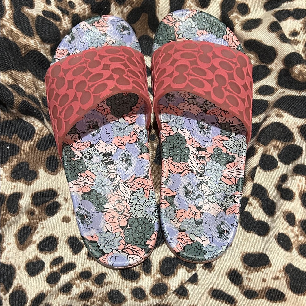 Coach Coral Logo Slide Sandals with Floral Footbed